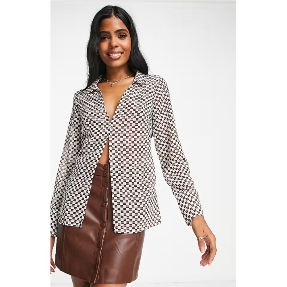 Abercrombie & Fitch Sheer Shirt in Brown Checkerboard Small Brown NEW Retro